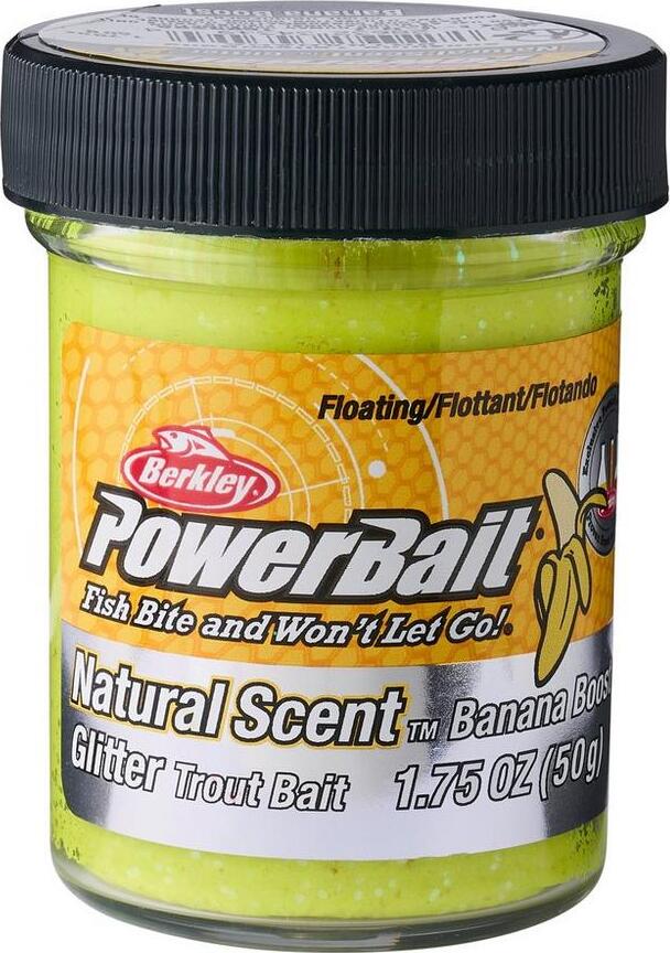 BERKLEY PowerBait Trout Glitter DOUGH Natural Scent Fish Pellets 50g  Fl.Green Yellow